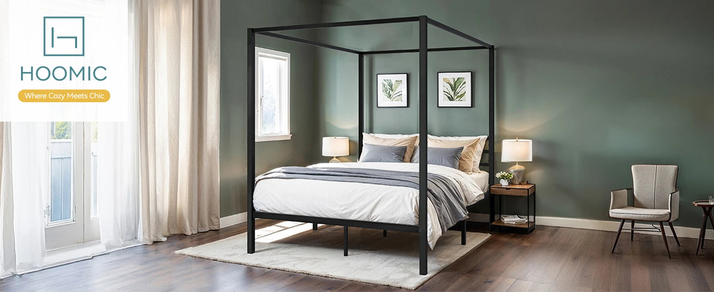 4-Poster Canopy Bed Frame with 3-Metal Crossbars - No Box Spring Needed