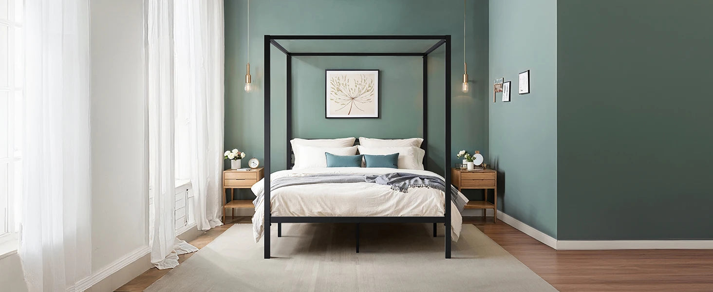 4-Poster Canopy Bed Frame with 3-Metal Crossbars - No Box Spring Needed
