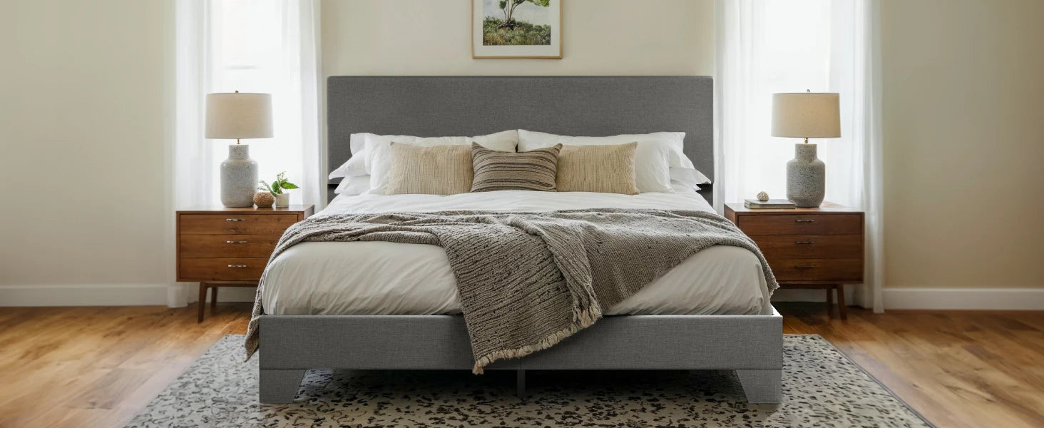 Bed Frame with Adjustable Headboard, Soft Linen Fabric, Strong Supporting Structure
