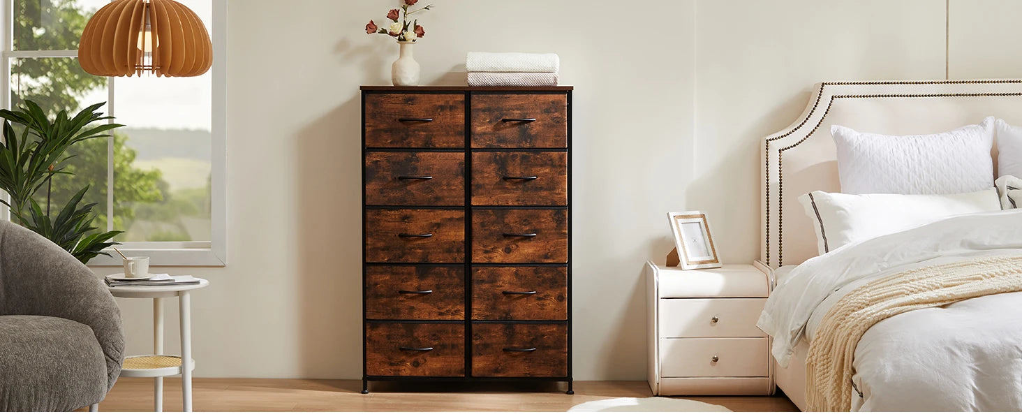 Bedside Table For Bedroom With 10 Fabric Drawers