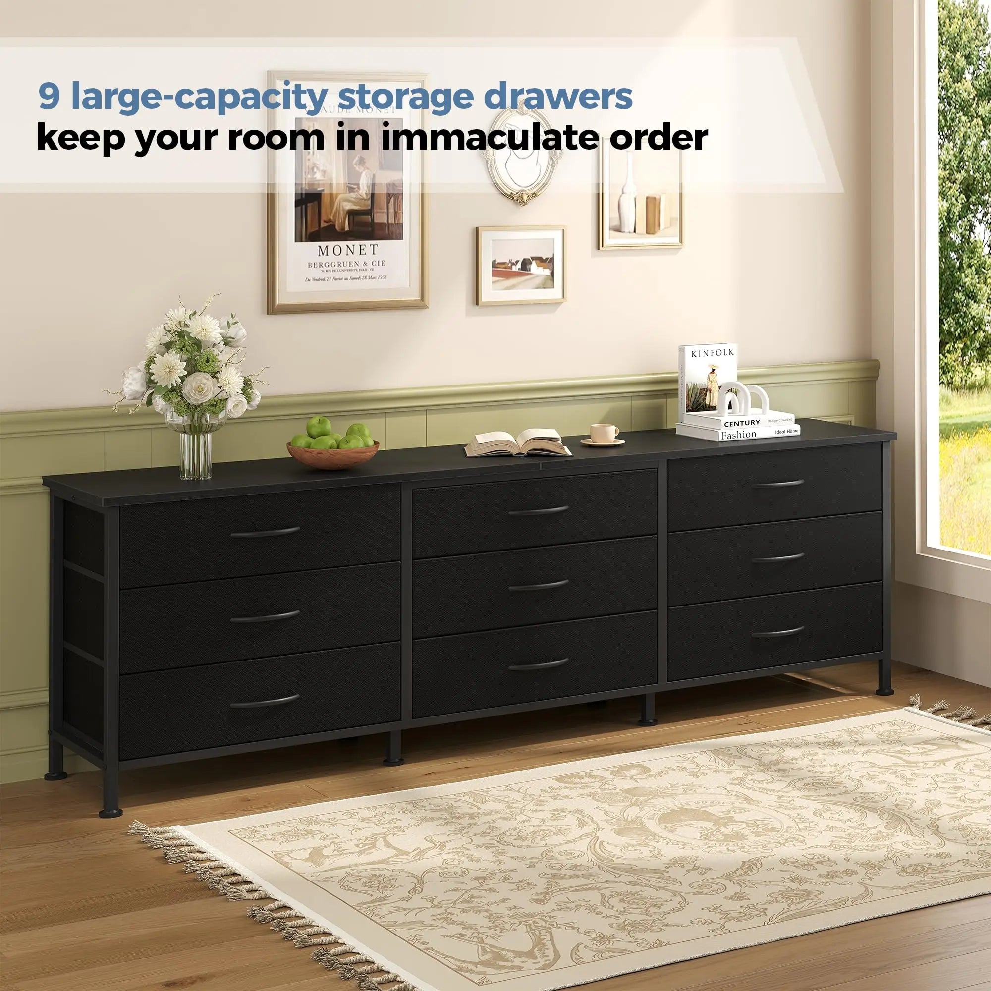 Dining Room Cabinet With 9 Fabric Drawers - Long Entertainment Center for up to 75 Inch TV
