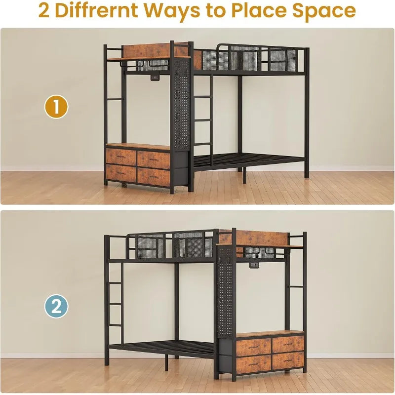 Metal Twin Over Twin Bunk Bed With Power Outlet, LED, Storage Drawers & Safety Guardrail