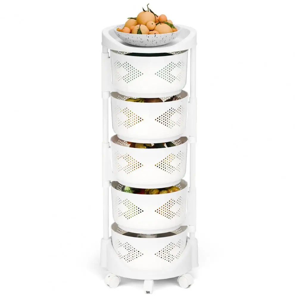 Kitchen Storage Rack with 5 Tier Circular Rotating Basket for Fruits & Vegetables with 360 Degree Wheels