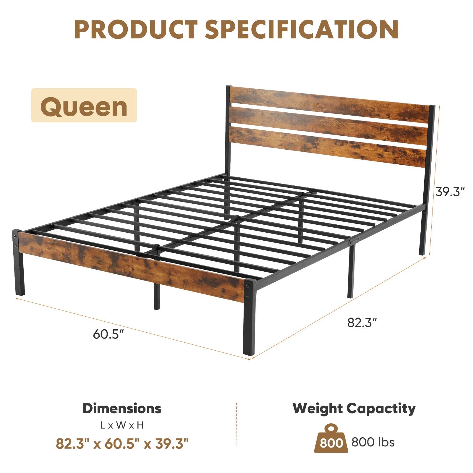 Wooden Headboard and Metal Platform Bed Frame - No Box Spring Needed - 700LBS capacity with sturdy Wooden Slats