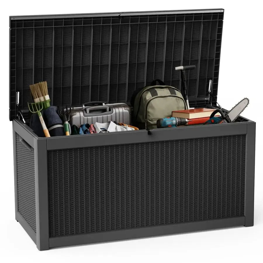 320 Gallon Deck Box, Outdoor Large Waterproof Resin Storage Box with Lockable Lid for Patio Cushions & Gardening Tools