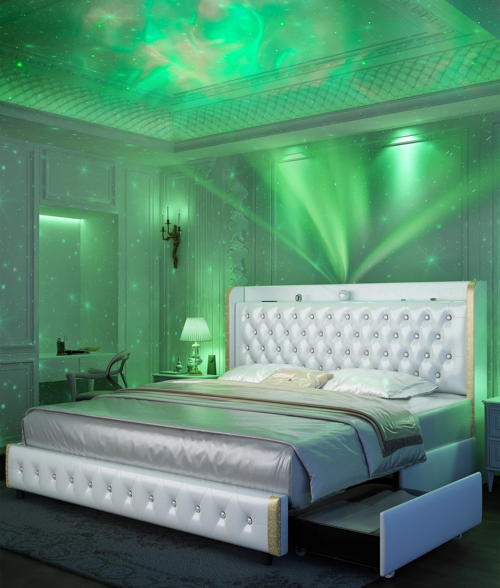 Bed Frame with Headboard, Galaxy Projector, Bluetooth Speaker, USB Ports, 4 Drawers - No Box Spring Needed - 3 Sizes Available