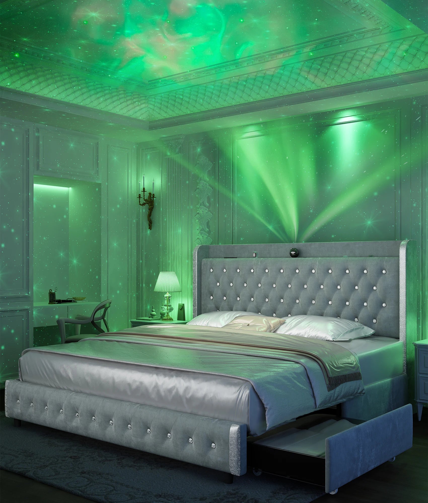 Bed Frame with Headboard, Galaxy Projector, Bluetooth Speaker, USB Ports, 4 Drawers - No Box Spring Needed - 3 Sizes Available