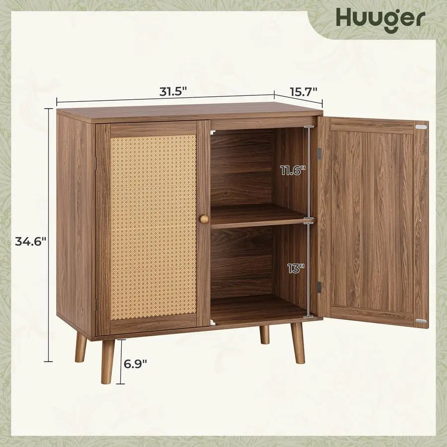 Buffet Cabinet with Storage, Rattan Decor Doors, Accent with Solid Wood Feet, Sideboard for Hall