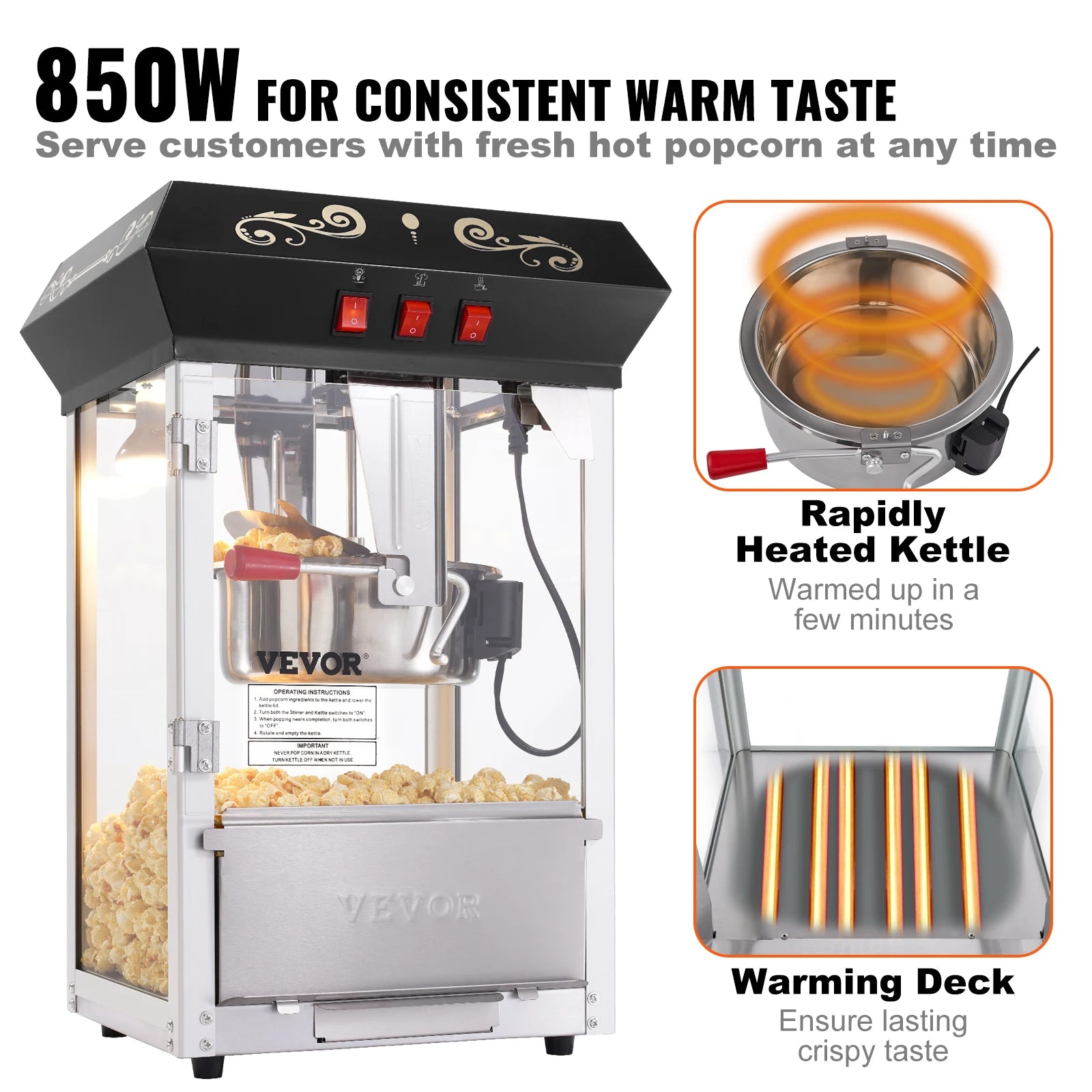 8 Oz Counter-top Movie Theater Style Kettle Popcorn Maker - Makes 48 Cups per Batch - Includes 4 Scoops