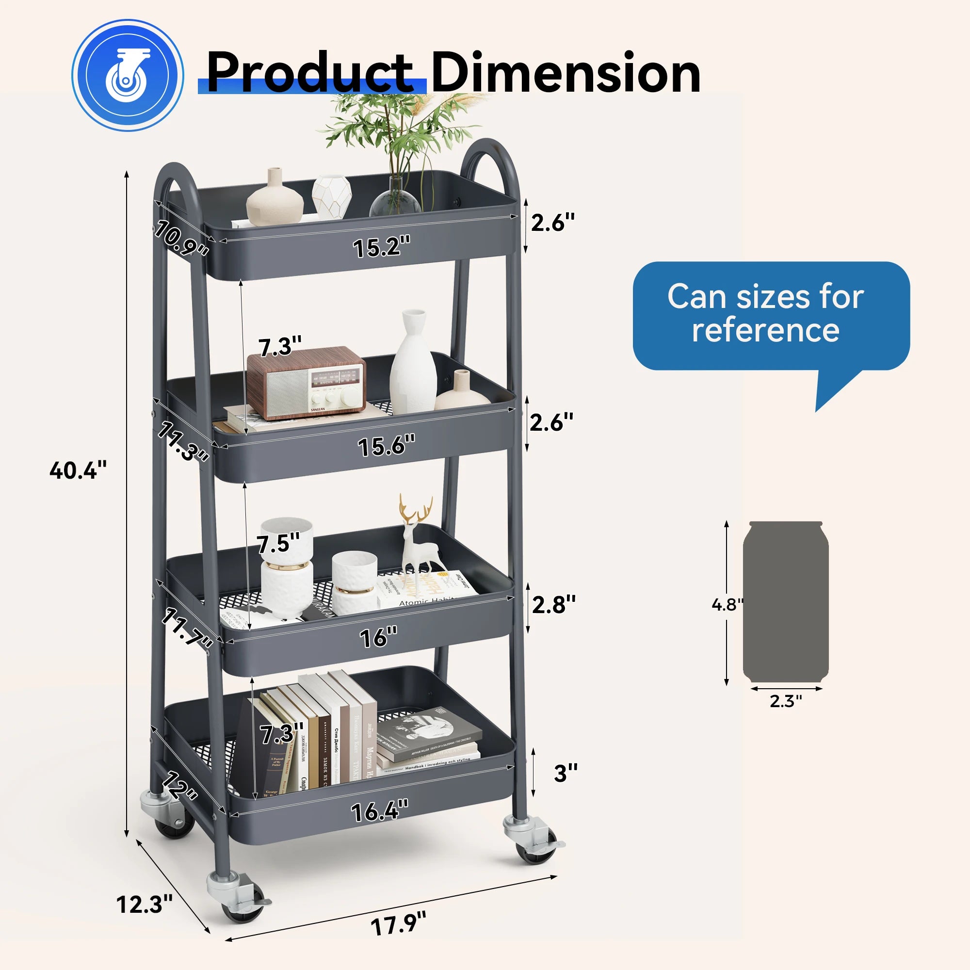 4 Tier Metal Storage Cart for Kitchen, Bathroom, Garage & Laundry Room with Lockable Wheels