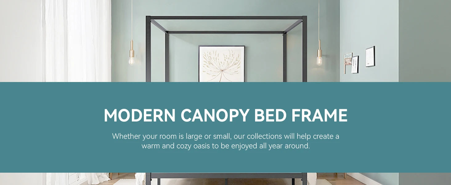 4-Poster Canopy Bed Frame with 3-Metal Crossbars - No Box Spring Needed