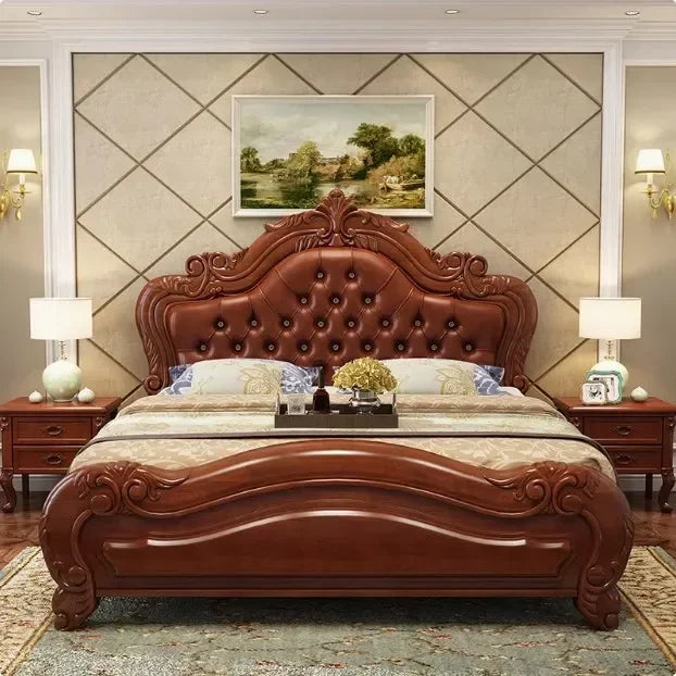 Unique Luxury Genuine Leather Wood Bed