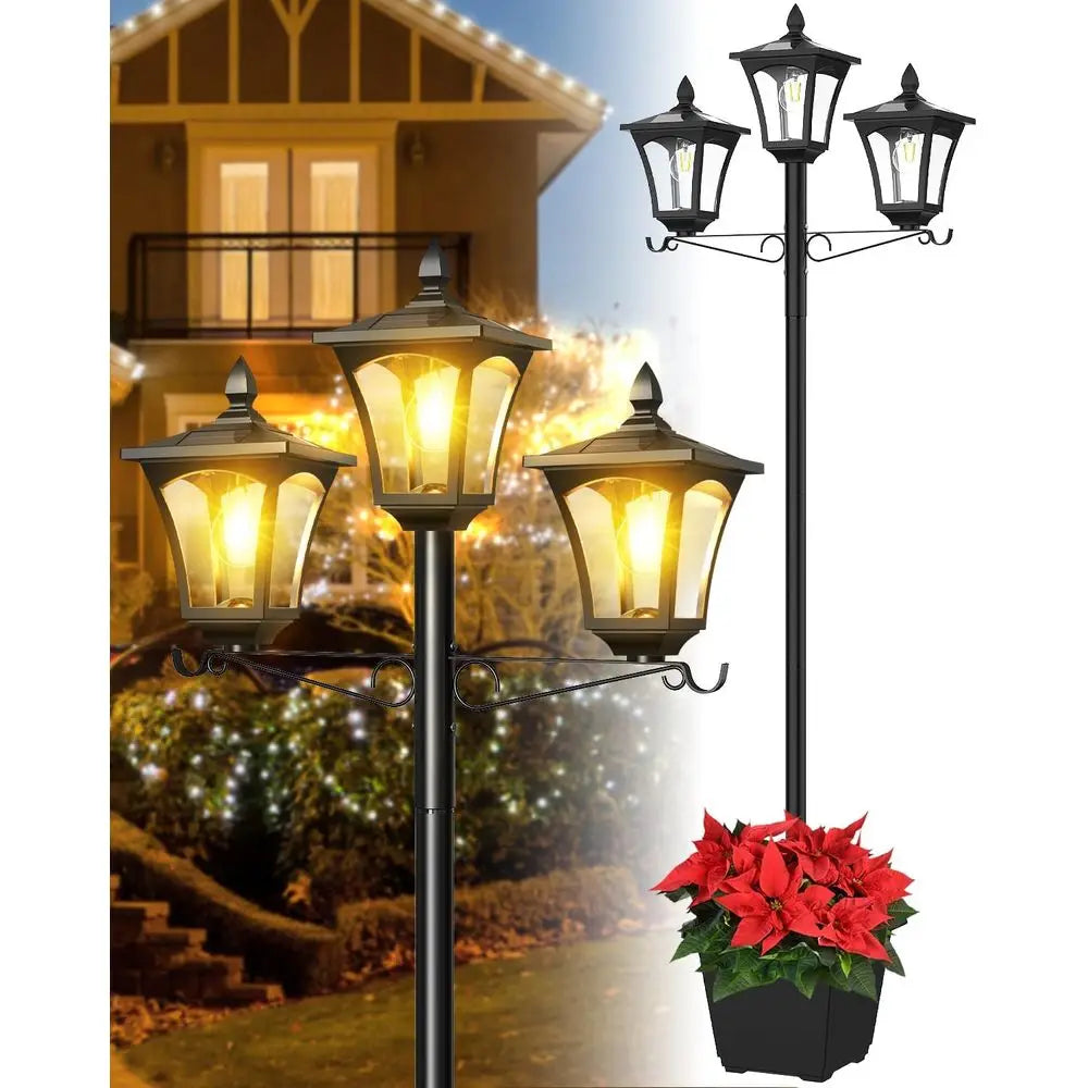 3-Head 77" Waterproof Metal Solar Lamp Post Light - 200 Lumens