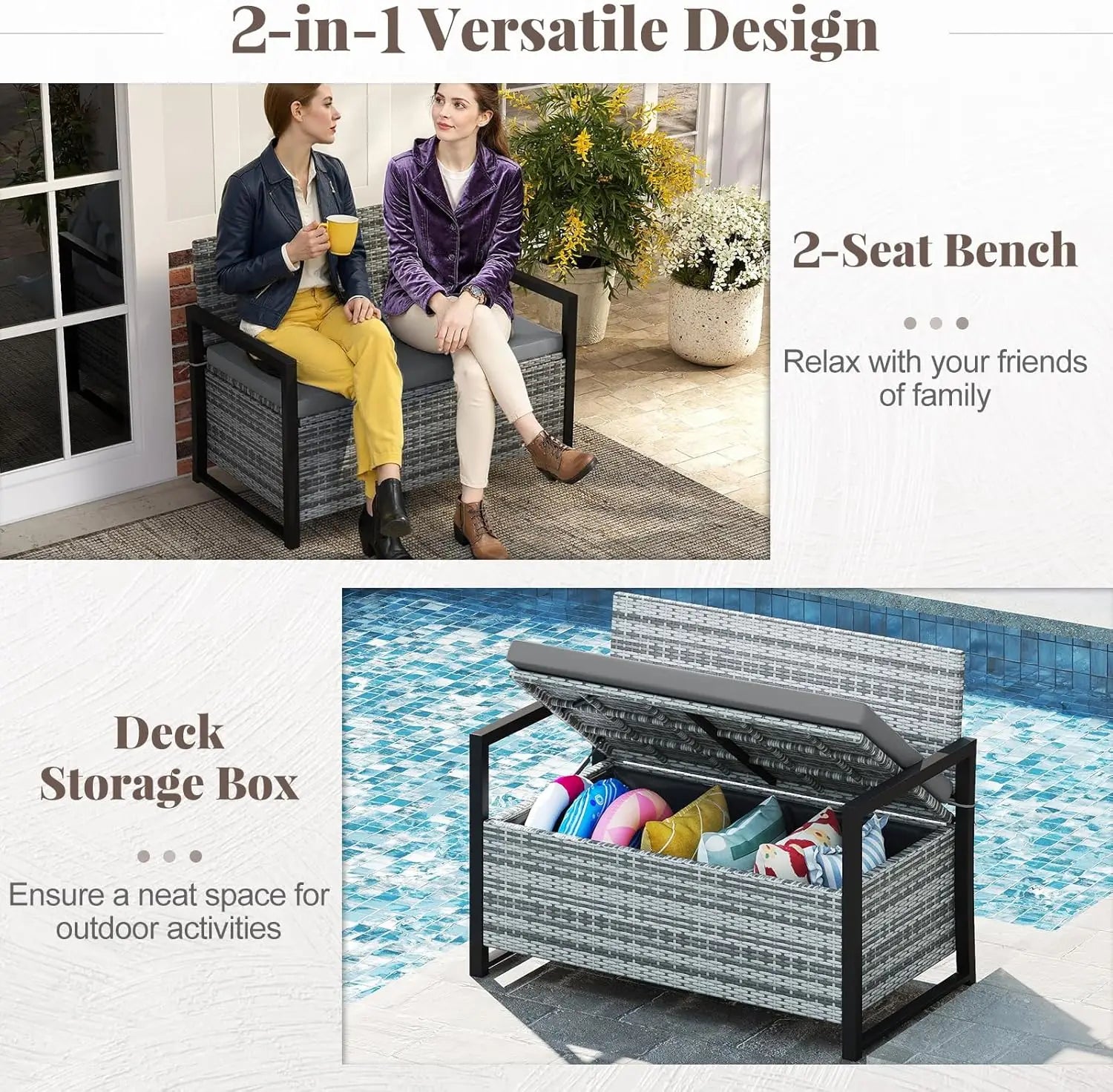 40 Gallon Outdoor Patio Wicker Bench with Storage, Cushion, Cover & Metal Frame