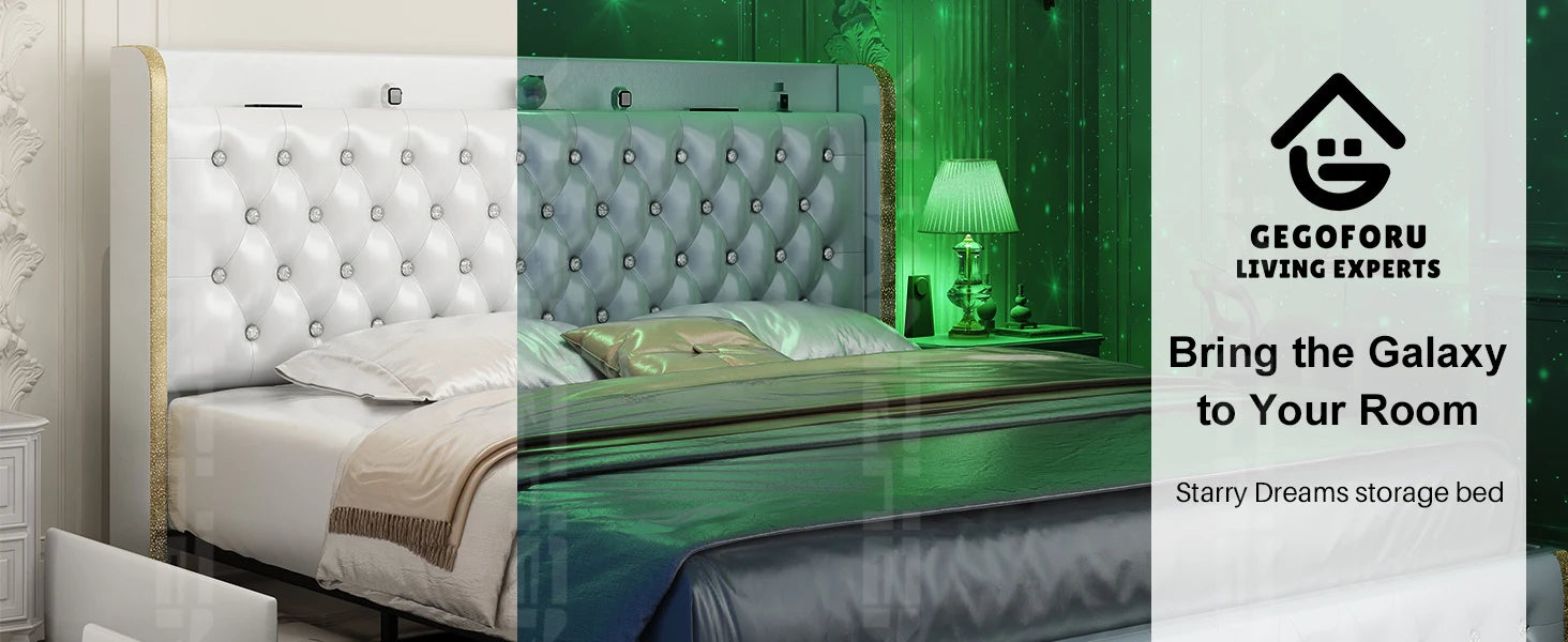 Bed Frame with Headboard, Galaxy Projector, Bluetooth Speaker, USB Ports, 4 Drawers - No Box Spring Needed - 3 Sizes Available