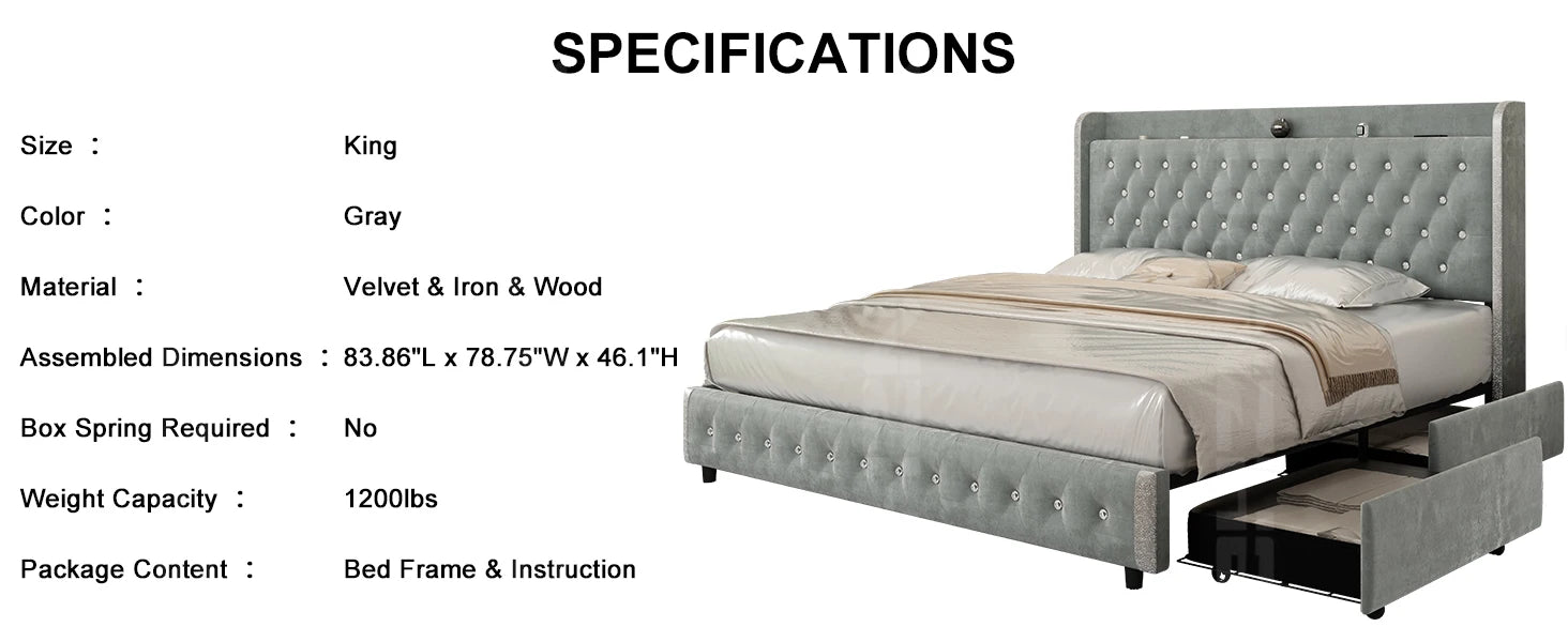 Bed Frame with Headboard, Galaxy Projector, Bluetooth Speaker, USB Ports, 4 Drawers - No Box Spring Needed - 3 Sizes Available
