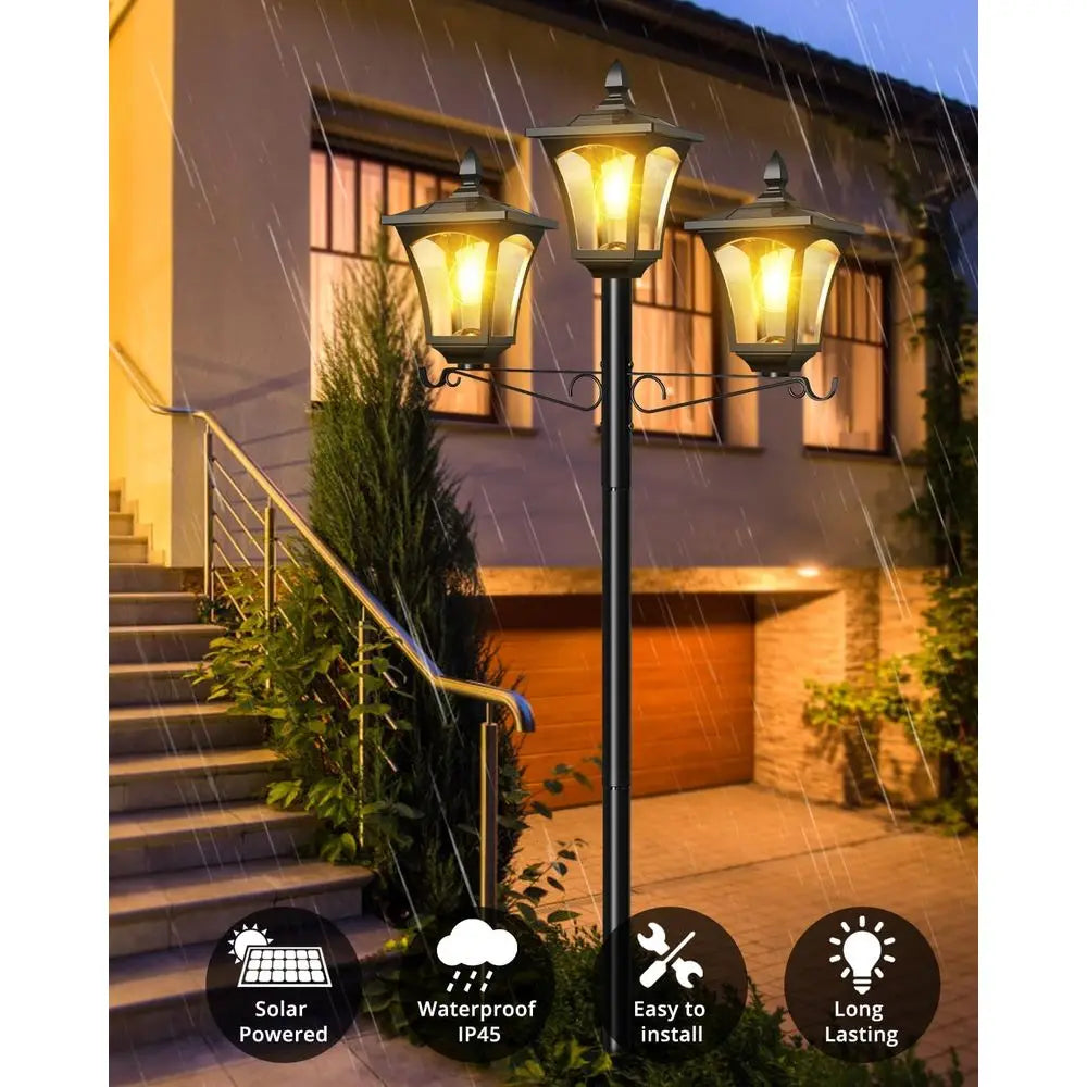 3-Head 77" Waterproof Metal Solar Lamp Post Light - 200 Lumens