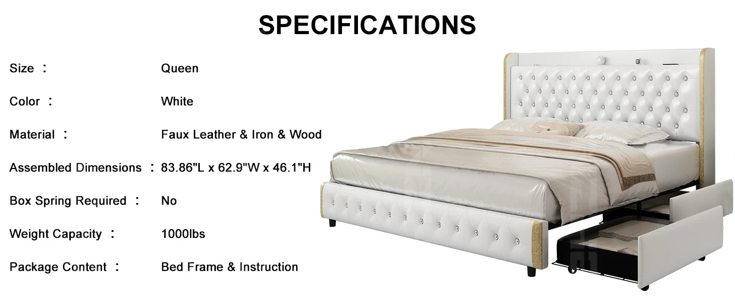 Bed Frame with Headboard, Galaxy Projector, Bluetooth Speaker, USB Ports, 4 Drawers - No Box Spring Needed - 3 Sizes Available