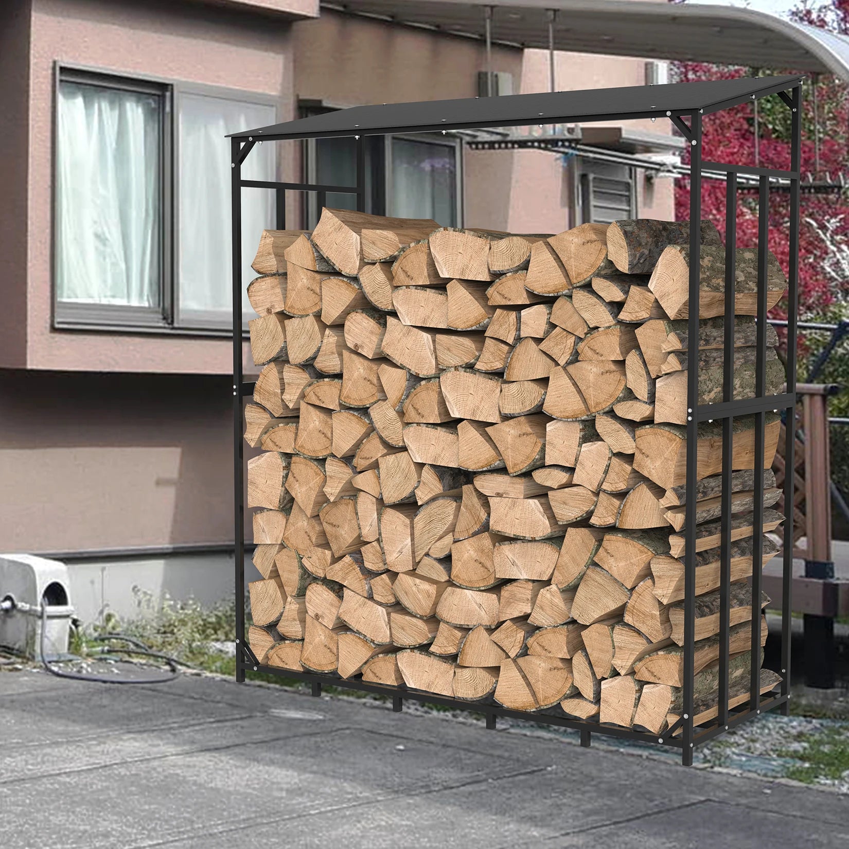 Heavy Duty Tall Metal Firewood Rack Stand with Top Cover for Fireplace Wood Storage