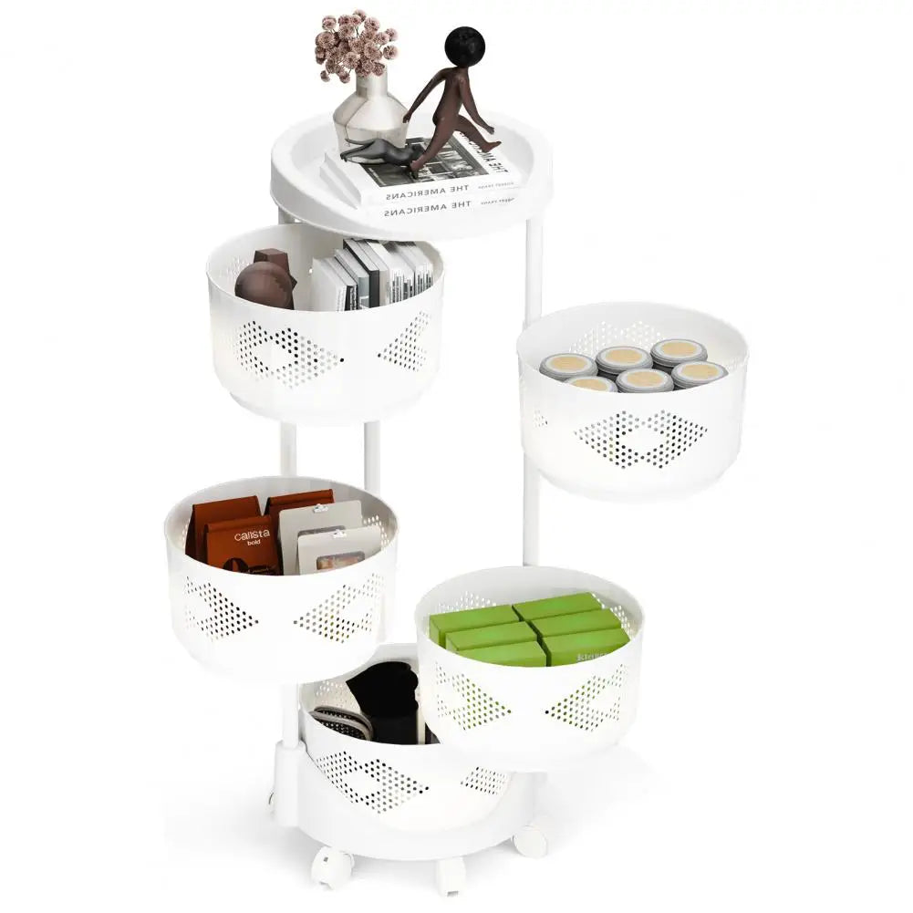 Kitchen Storage Rack with 5 Tier Circular Rotating Basket for Fruits & Vegetables with 360 Degree Wheels