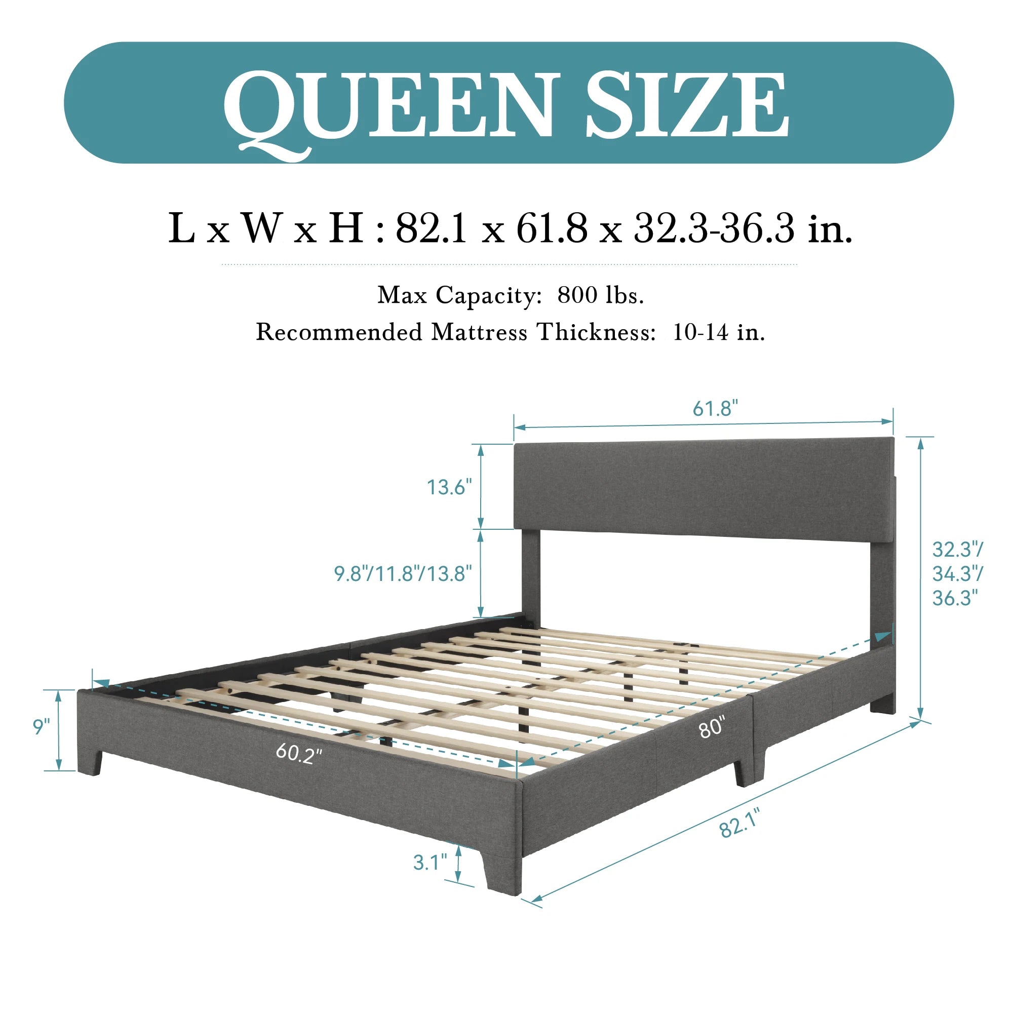 Bed Frame with Adjustable Headboard, Soft Linen Fabric, Strong Supporting Structure