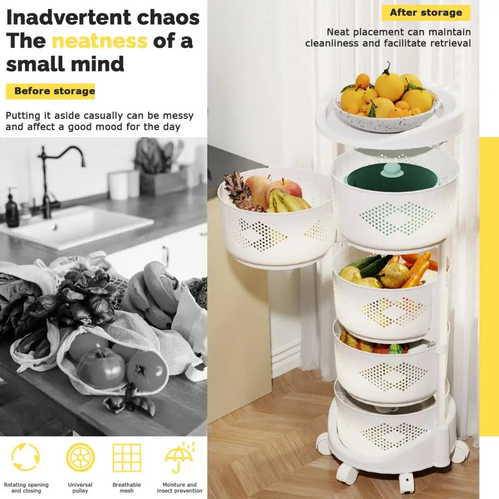 Kitchen Storage Rack with 5 Tier Circular Rotating Basket for Fruits & Vegetables with 360 Degree Wheels