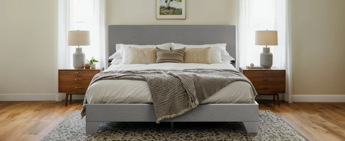 Bed Frame with Adjustable Headboard, Soft Linen Fabric, Strong Supporting Structure