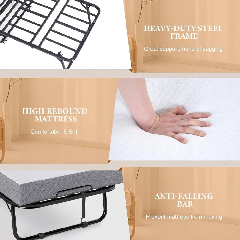 Portable Twin Rollaway Folding Bed with Memory Foam Mattress - Guest Bed on Wheels
