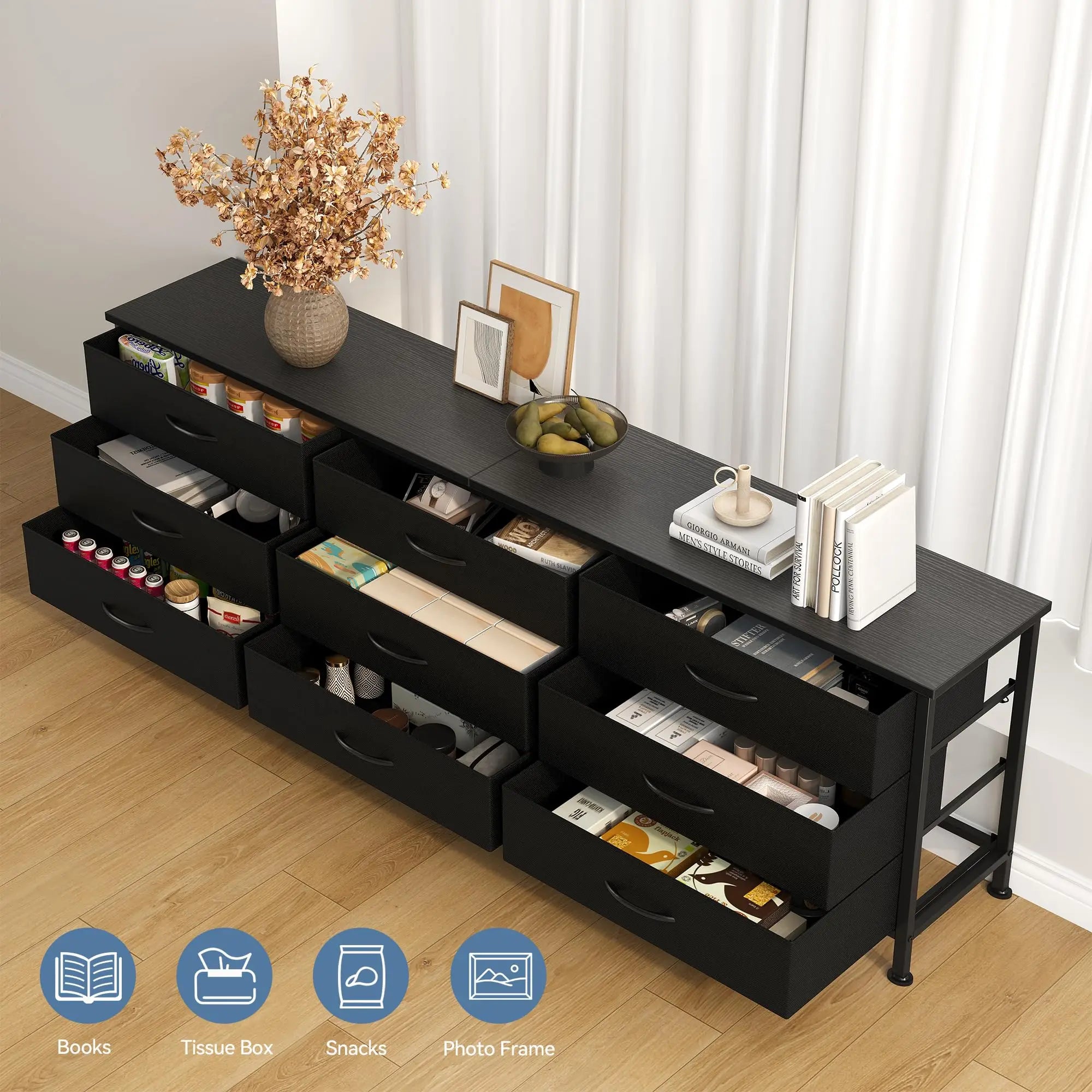 Dining Room Cabinet With 9 Fabric Drawers - Long Entertainment Center for up to 75 Inch TV