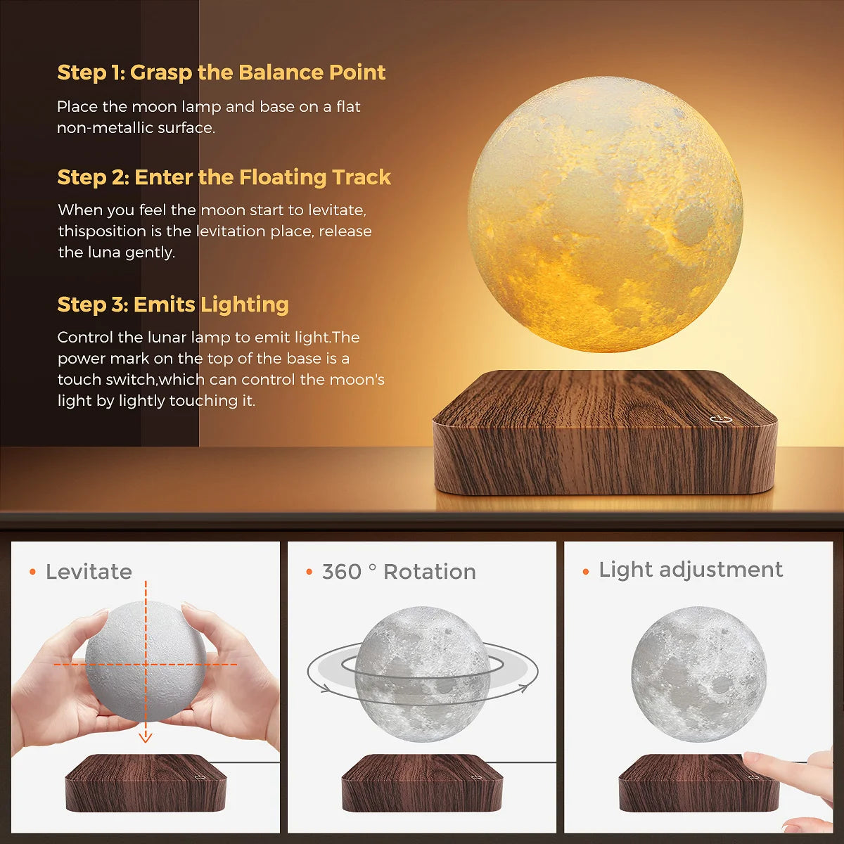 Magnetic Floating Rotating Moon Lamp with Wooden Base - 3 Color LED Night Light