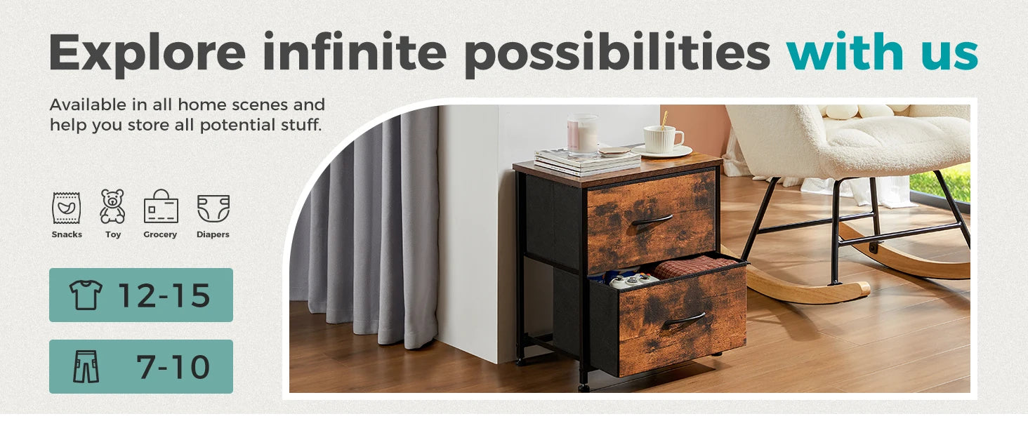 Bedside Nightstand Table with 2 Fabric Drawers