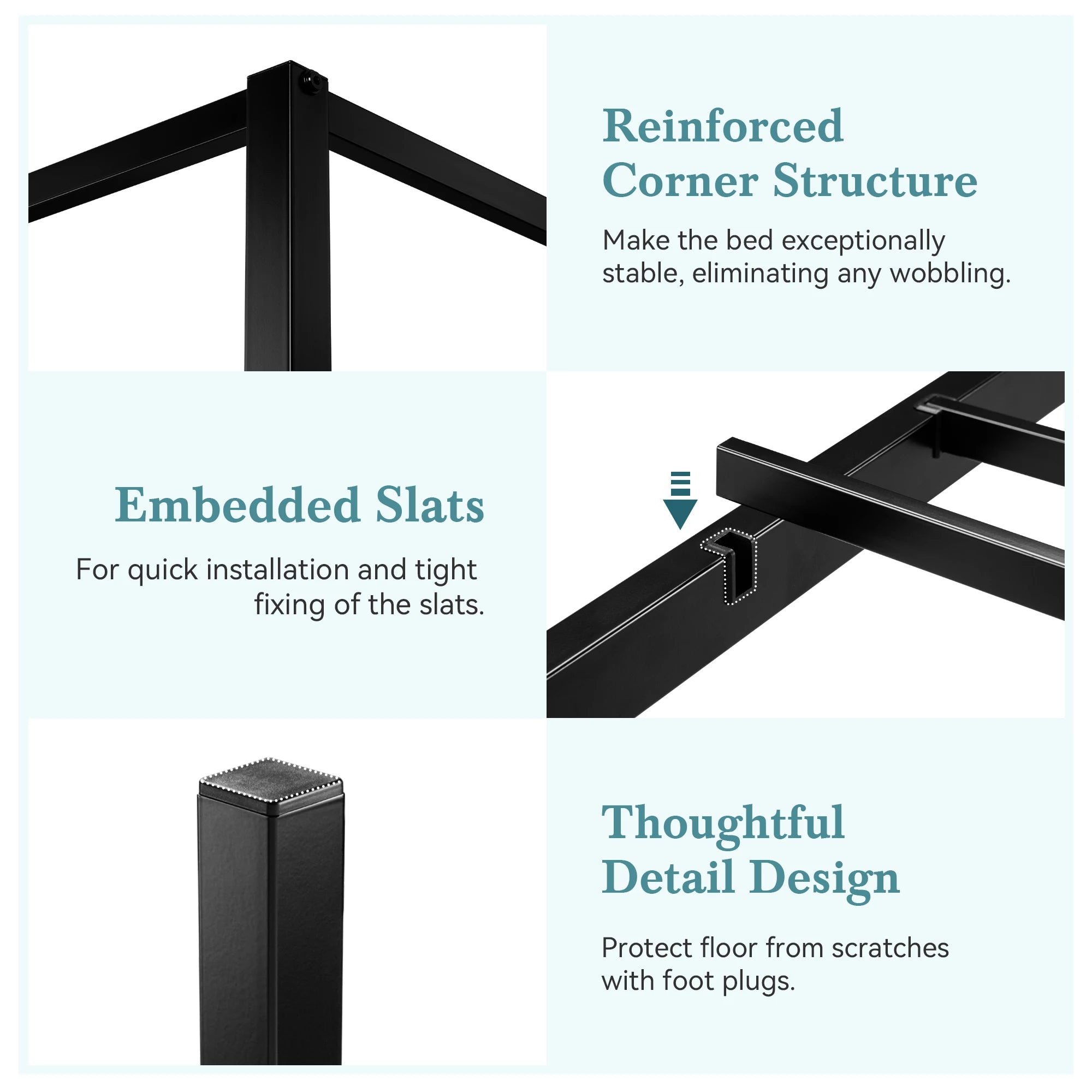 4-Poster Canopy Bed Frame with 3-Metal Crossbars - No Box Spring Needed