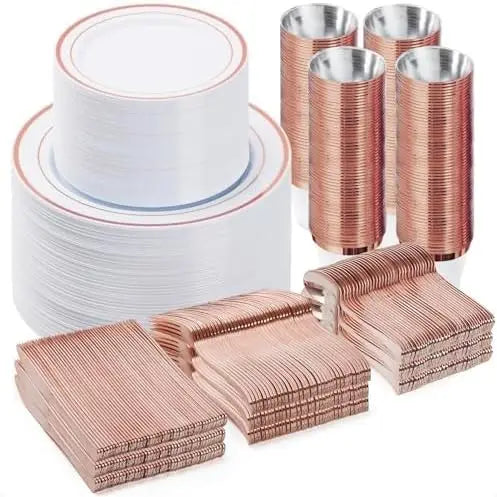 600 piece Plastic Dinnerware Set (100 Guests), Rose Gold Disposable Plates for Party, Wedding, Christmas, Anniversary