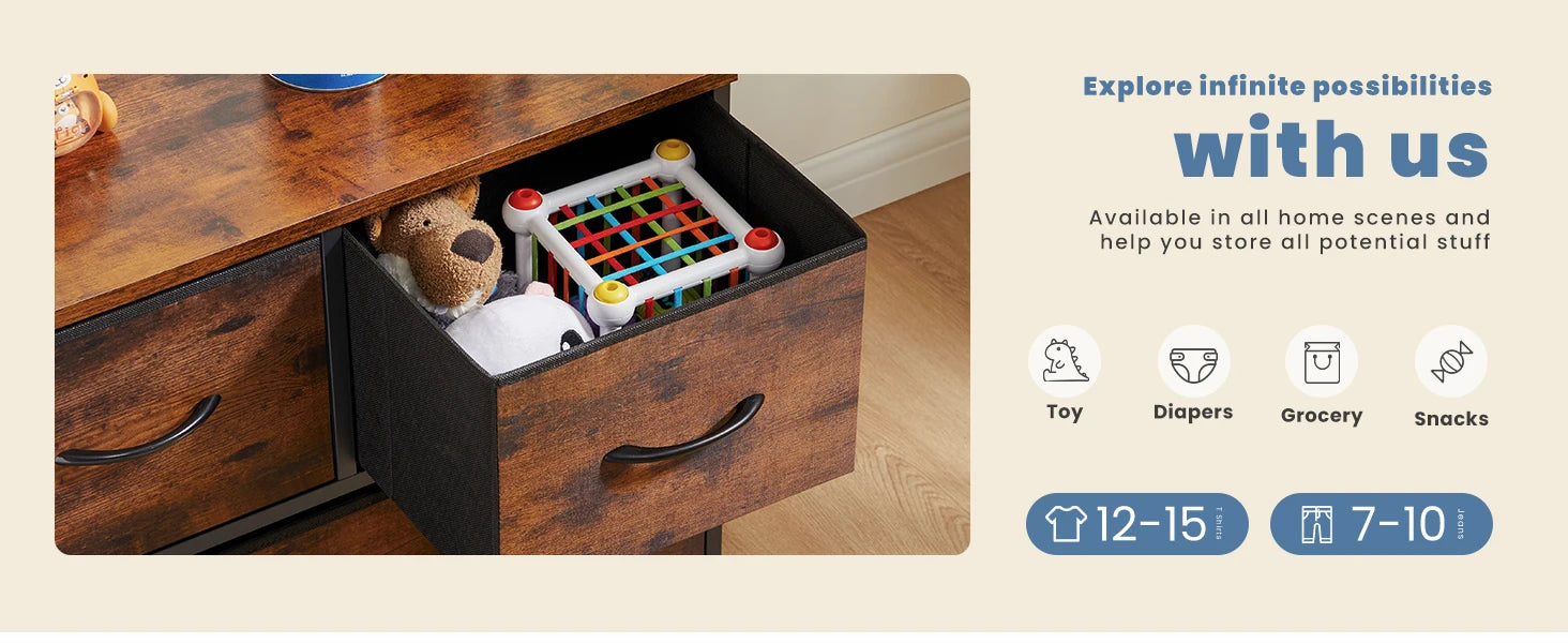 Multi-Purpose Dresser or Buffet with 5 Fabric Drawers