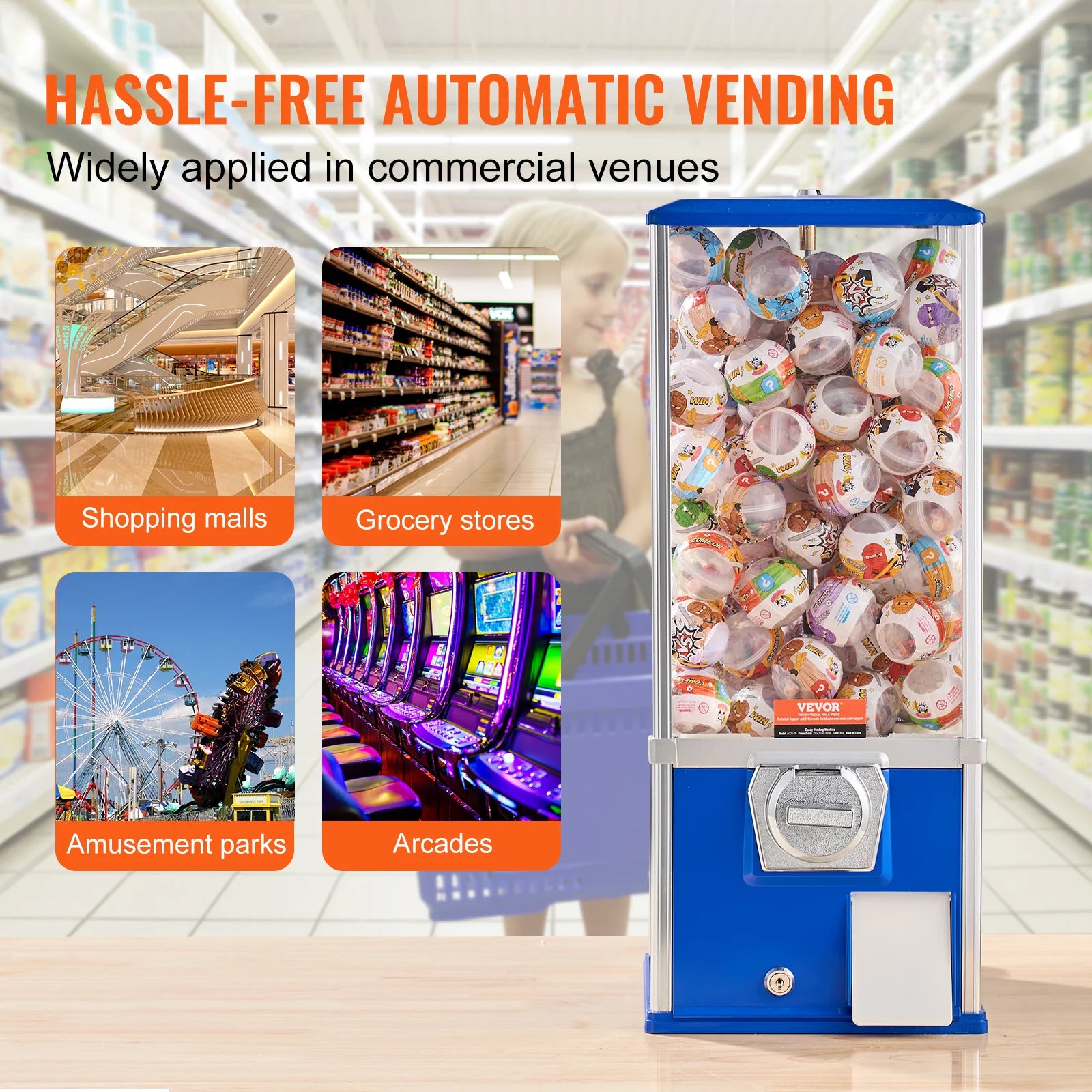25" Gumball Machine in Blue or Red for Kids, Game Stores & Coin Operation Sites