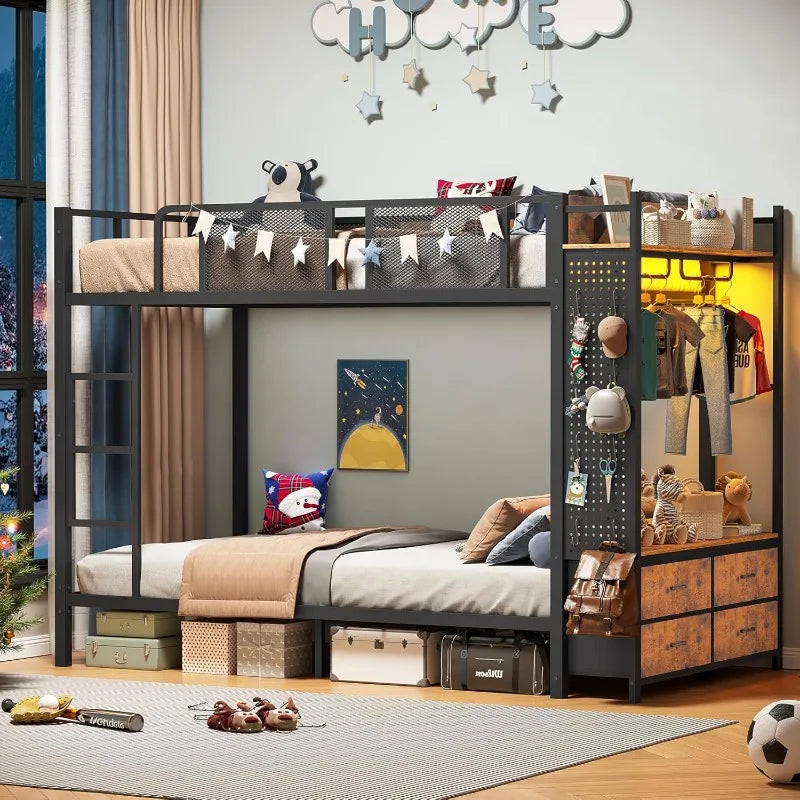 Metal Twin Over Twin Bunk Bed With Power Outlet, LED, Storage Drawers & Safety Guardrail