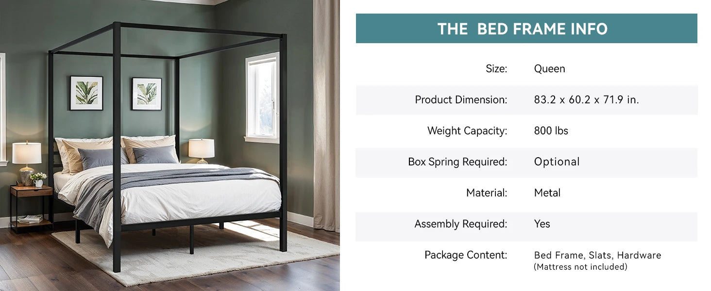4-Poster Canopy Bed Frame with 3-Metal Crossbars - No Box Spring Needed
