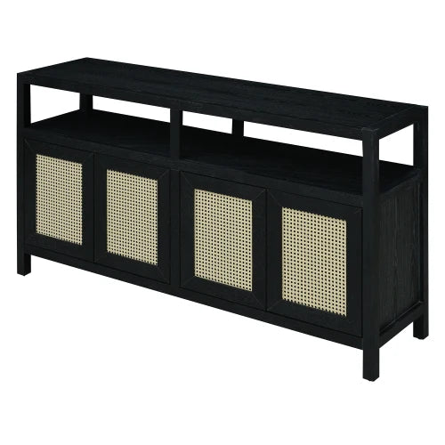 Black Solid Wood Rattan Buffet - Bohemian Style 3-Adjustable Shelves No-Handle Push-to-Open Storage Cabinet