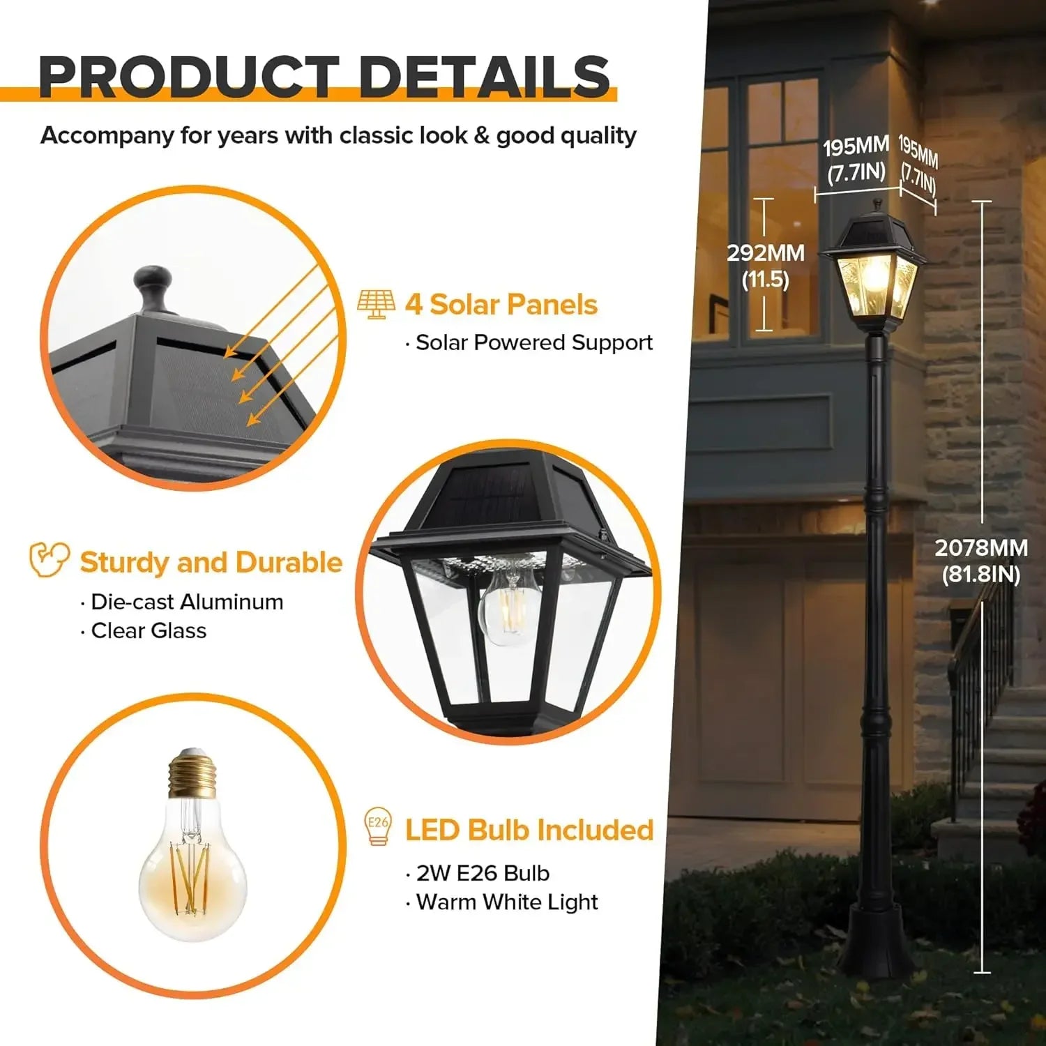 LED Solar Post Street Light - 200 Lumens 2700K