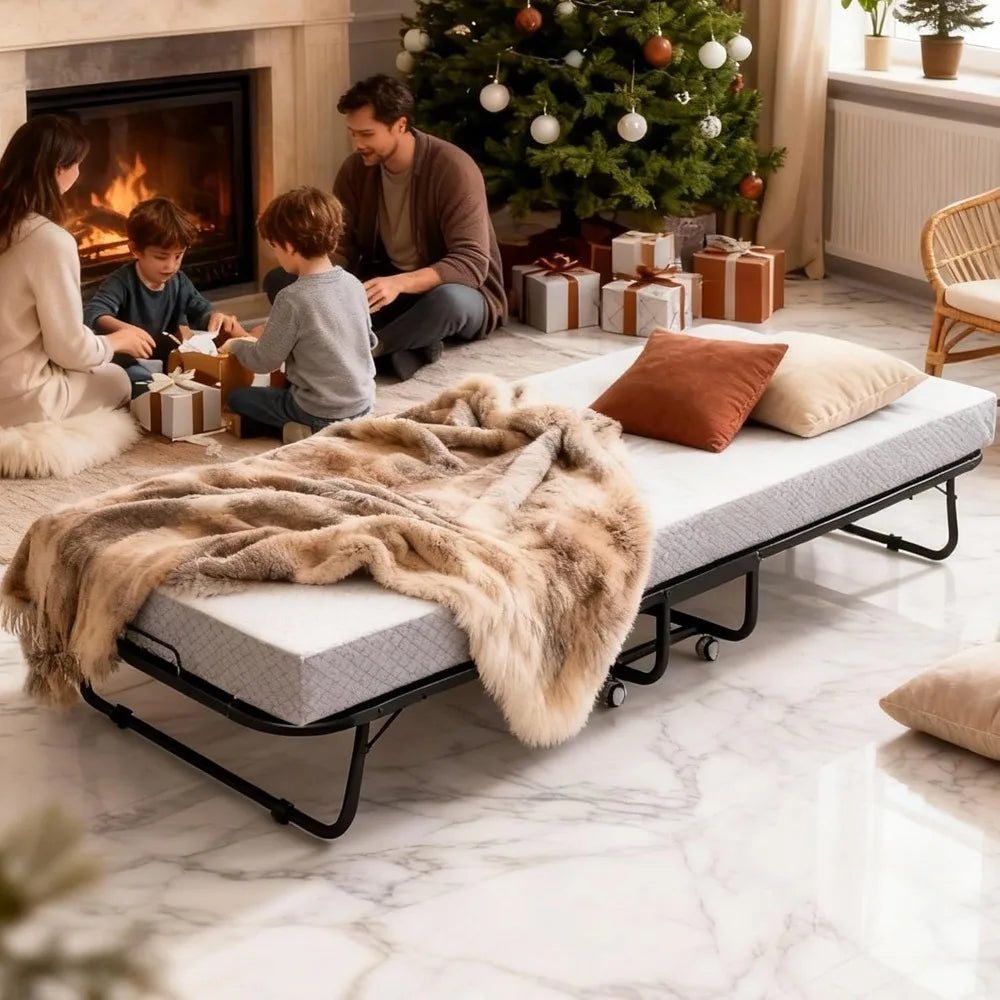 Portable Twin Rollaway Folding Bed with Memory Foam Mattress - Guest Bed on Wheels