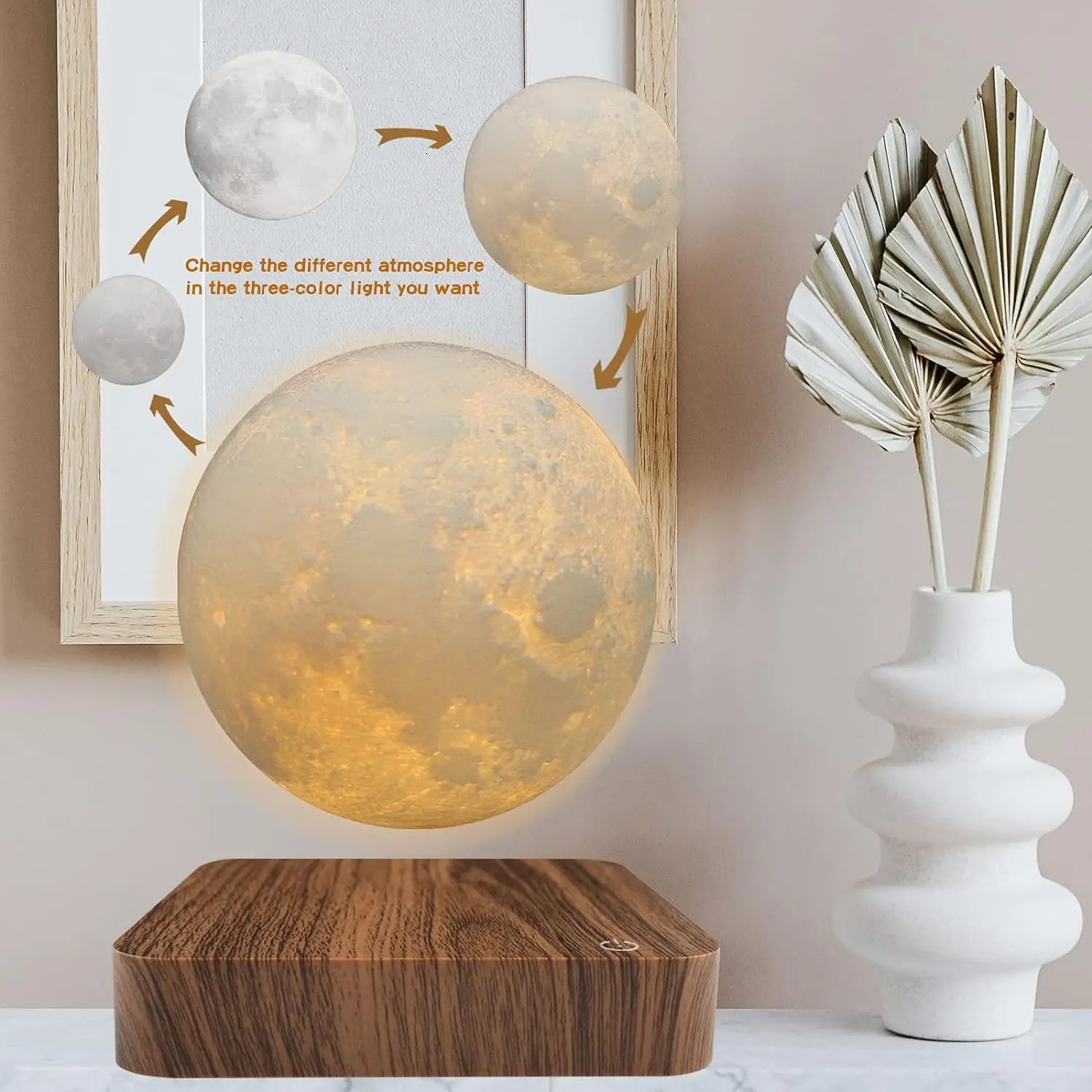 Magnetic Floating Rotating Moon Lamp with Wooden Base - 3 Color LED Night Light