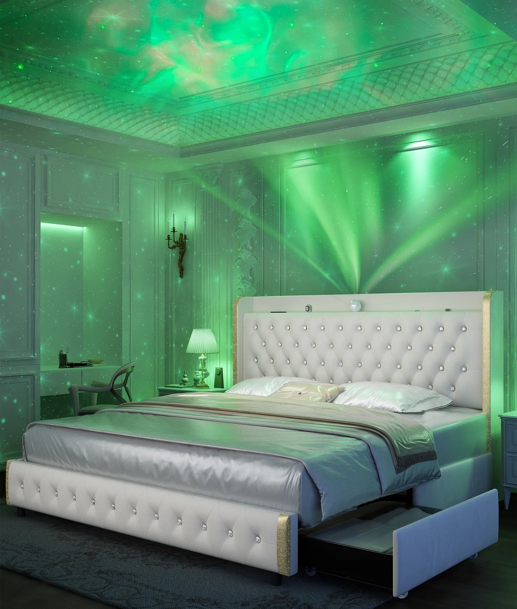 Bed Frame with Headboard, Galaxy Projector, Bluetooth Speaker, USB Ports, 4 Drawers - No Box Spring Needed - 3 Sizes Available