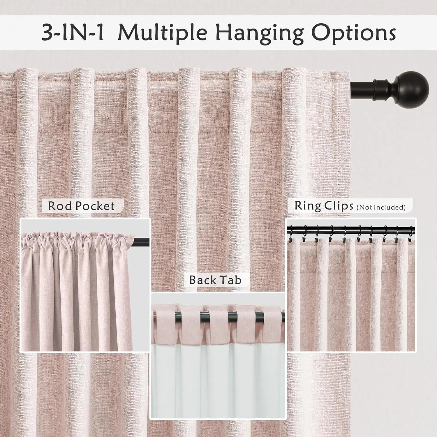 100% Blackout Curtains for Living Room - Darkening Rod Pocket - Pink Linen - 48 Inch Long 2 Panels