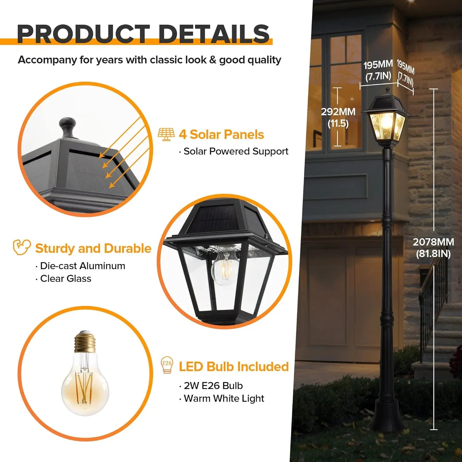 LED Solar Post Street Light - 200 Lumens 2700K