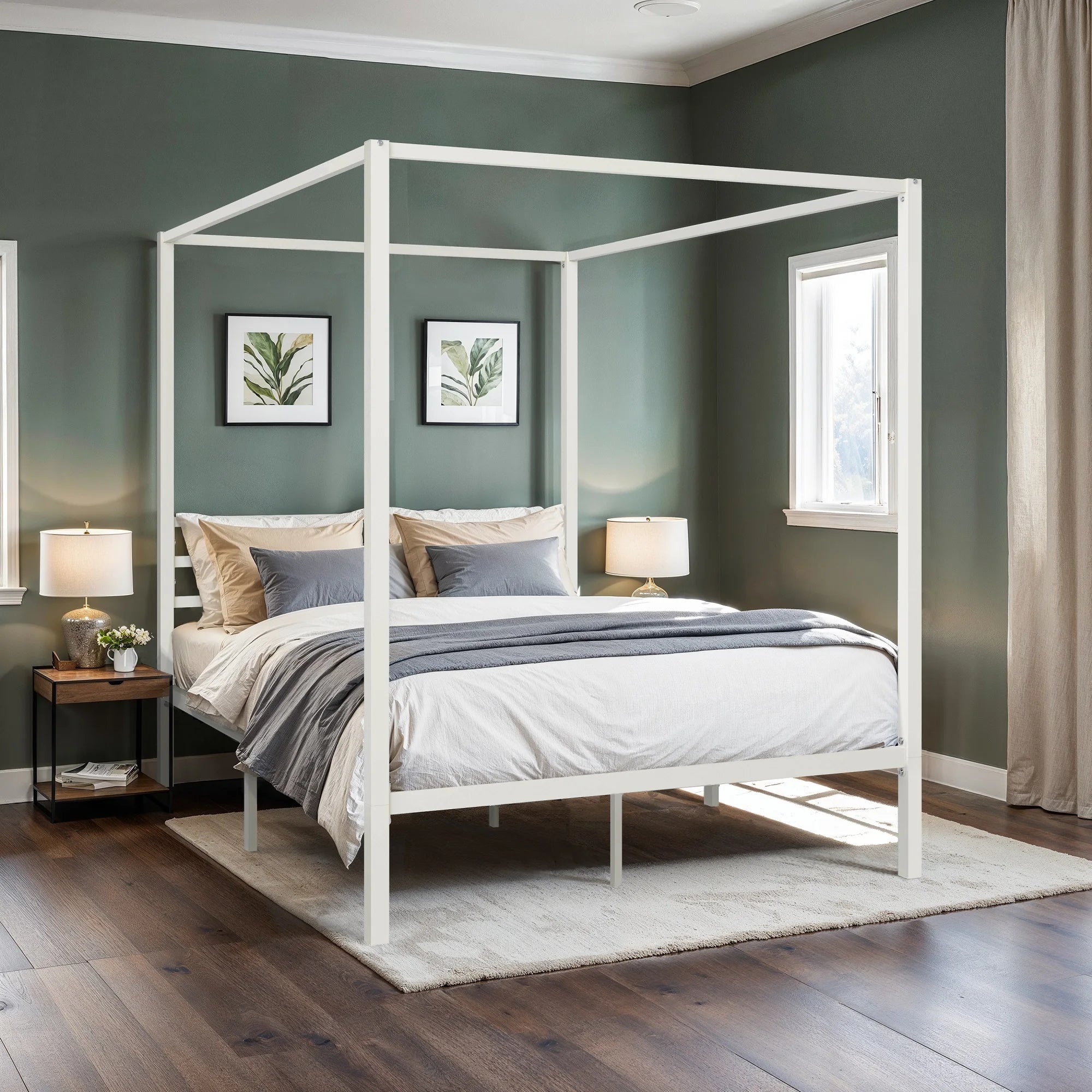 4-Poster Canopy Bed Frame with 3-Metal Crossbars - No Box Spring Needed
