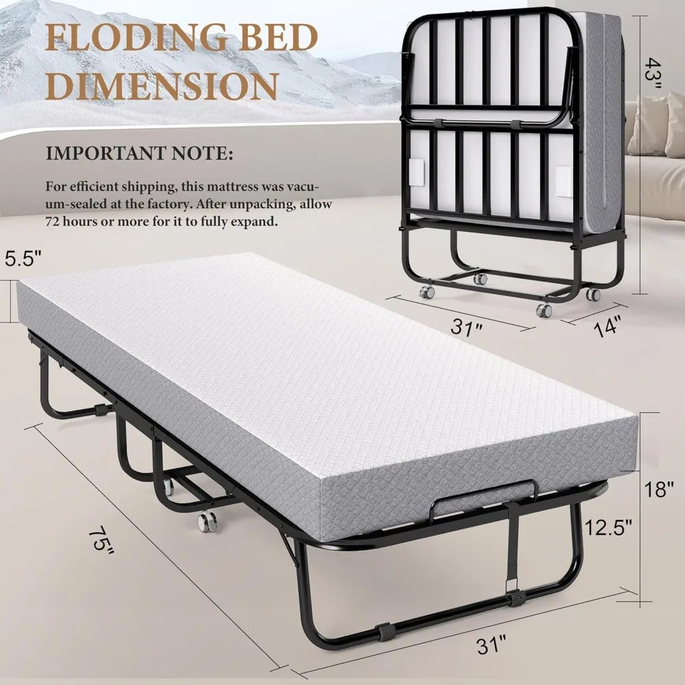 Portable Twin Rollaway Folding Bed with Memory Foam Mattress - Guest Bed on Wheels
