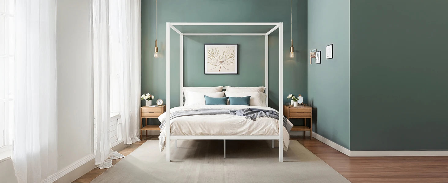 4-Poster Canopy Bed Frame with 3-Metal Crossbars - No Box Spring Needed