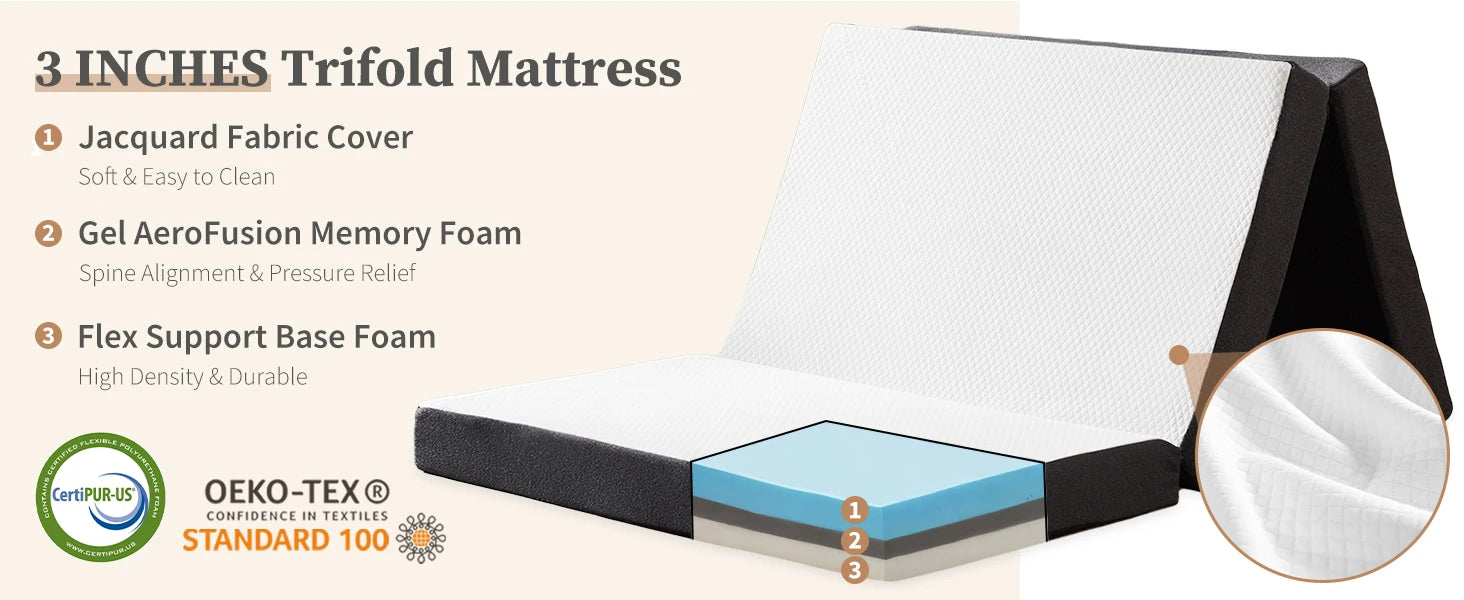 Three Fold Portable Floor Bed - Certified By CertiPUR-US - Suitable For Travel, Camping, and Yoga