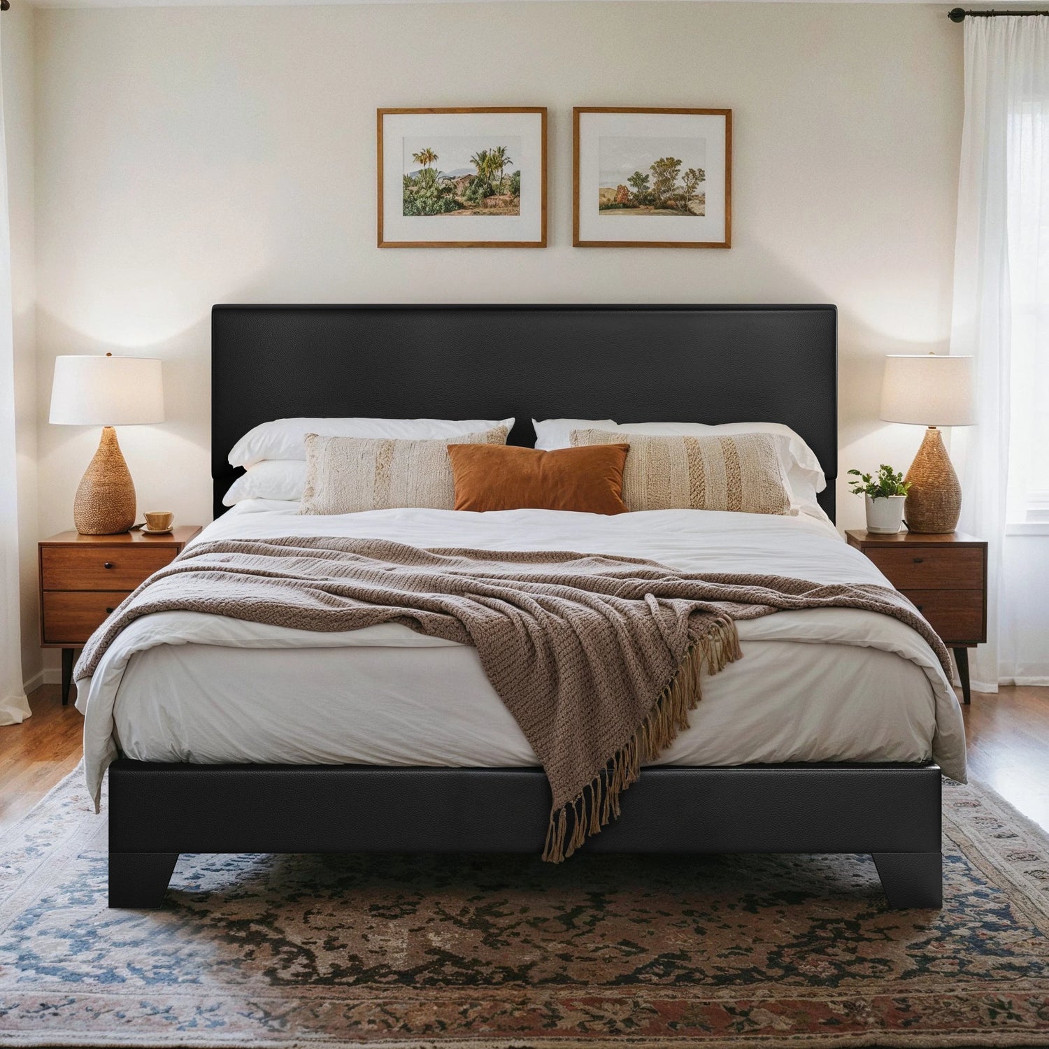 Bed Frame with Adjustable Headboard, Soft Linen Fabric, Strong Supporting Structure