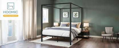 4-Poster Canopy Bed Frame with 3-Metal Crossbars - No Box Spring Needed